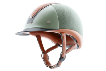 Modern green equestrian helmet with brown leather straps and mesh design, cut out