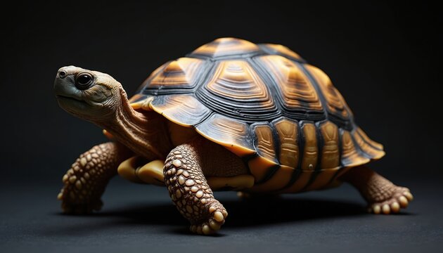Close-up portrait of tortoise on black background. Reptile patterned shell, textured skin. Solitary nature, elegant, dramatic pose suggest themes of resilience, slow, steady progress. Perfect for