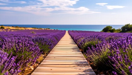 Wooden path through lavender field to ocean