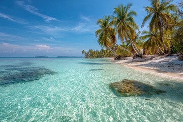 Naklejka premium Crystal clear turquoise water laps a white sand beach with palm trees