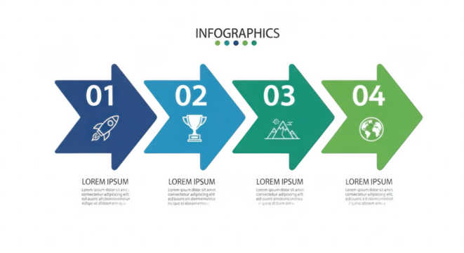 Infographic with four steps represented by arrows, icons, and text placeholders isolated on transparent background