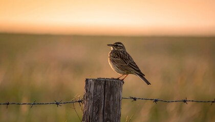 Tranquil rural vista: a lark bird poised on a weathered fence post at sunset