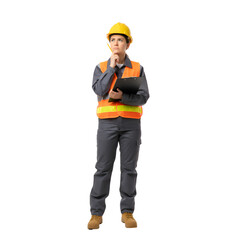 Contemplative Construction Worker: Safety Vest, Hard Hat, Project Planning, Problem Solving on white background