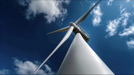 Huge white wind turbine with long blades spinning against a bright blue sky with clouds, captured from below - Powered by Adobe