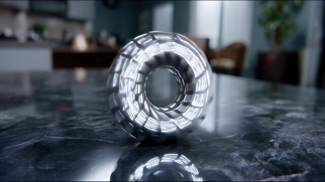 A metal toroid with a glossy twisted surface rotates on a marble table and is reflected in its polish