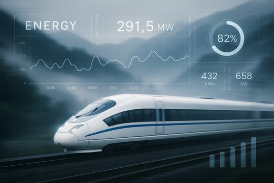 High-speed train with energy consumption data overlayed on a blurred background.