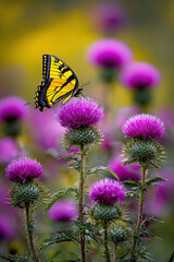 Fototapeta premium Bright yellow butterfly lands on vibrant purple thistle flowers in a sunny field during late springtime