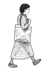 One casual modern city woman with bag walking outdoors, profile view, sketch, contour realistic hand drawing, vector illustration