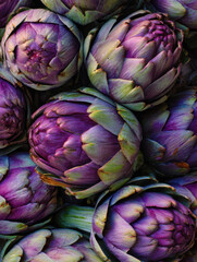 Fototapeta premium Freshly harvested artichokes with rich purple hues gathered in a market display during early morning hours in a vibrant farmer's market