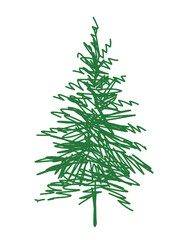 One green Christmas tree, traditional holiday symbol, vector hand drawn illustration, white background, greeting card