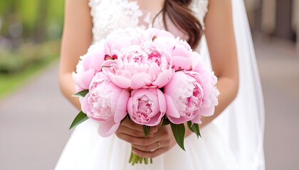 Bride holding a bouquet of pink peonies (1)