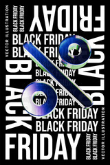 Black Friday Graphic Templates with 3D glass Percent Discount. Refraction and holographic effect isolated on dark background. Neon transparent glass Percent Discount with overlay dispersion light