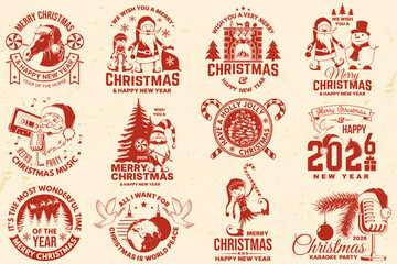 Set of Merry Christmas and 2026 Happy New Year stamp, sticker with horse, Santa Claus, Christmas candy, gnome and elf. Vector. Vintage typography design for Xmas, new year emblem in retro style