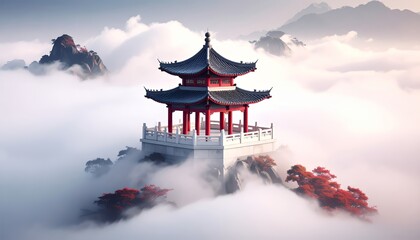 Obraz premium Serene Asian Pavilion Cloaked in Mist Amidst Mountainous Landscape