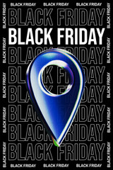 Black Friday Graphic Templates with 3D glass Point of location. Refraction and holographic effect isolated on dark background. Neon transparent glass Point of location with overlay dispersion light