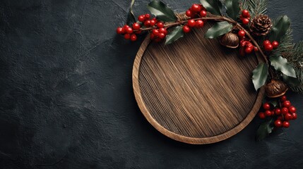blank wooden round sign jingle bell red ornament pine branch pine cone holly berry festive decor christmas wreath rustic wood black background