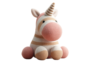 Cute knitted unicorn plush toy with pink and beige stripes, cut out