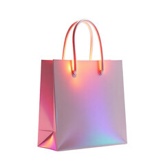 A vibrant, iridescent shopping bag with glowing handles, showcasing a modern and eye-catching design against a stark black background.