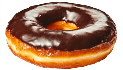 Indulgent chocolate glazed donut tempting taste buds with its rich, shiny topping and golden fried dough perfection.