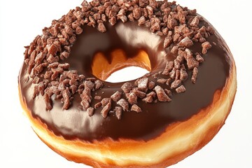 Indulge in this decadent chocolate-covered donut, a perfect treat for any sweet craving, featuring a glossy glaze and crunchy chocolate pieces.