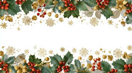 Fototapeta premium a festive border design with holly leaves berries golden bells and decorative snowflakes on a white background