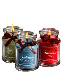 Set of scented candles in glass jars with Valentine&rsquo;s design isolated on transparent background for romantic decor