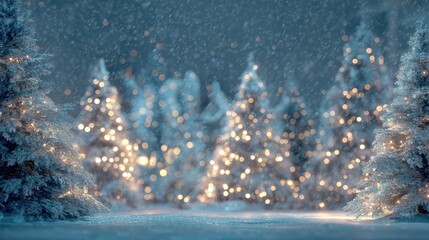 sparkling christmas trees with lights glowing under gently falling snow create a magical winter wonderland scene
