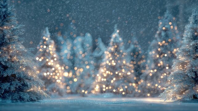 sparkling christmas trees with lights glowing under gently falling snow create a magical winter wonderland scene