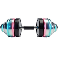 A modern dumbbell, rendered in a stylized, futuristic design with vibrant neon accents, highlights strength and fitness.