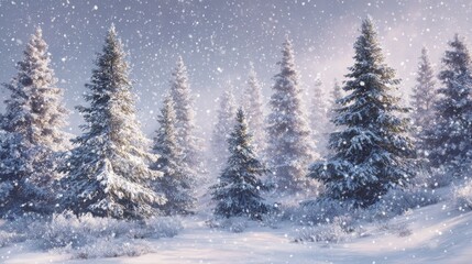 enchanting winter forest scene with snow covered christmas trees and falling snowflakes
