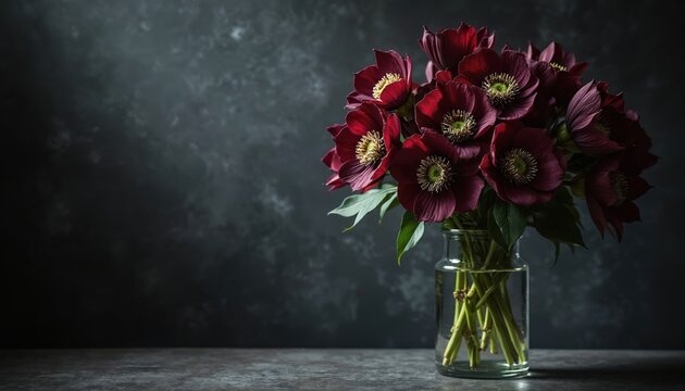 Dark moody floral arrangement of deep red hellebores in glass vase. Soft illumination rich bloom colors, green stems in clear water. Backdrop features textured dark gray surface with subtle light.
