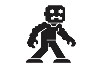 Square headed zombie strides forward, rendered in a black, blocky, silhouette against white