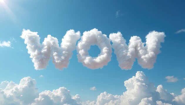 Realistic white cloud letters spell WOW against bright blue sky. Sun shines, creating clear sunny day atmosphere. Represents awe, happiness, sky-high possibilities, creativity, motivational content.