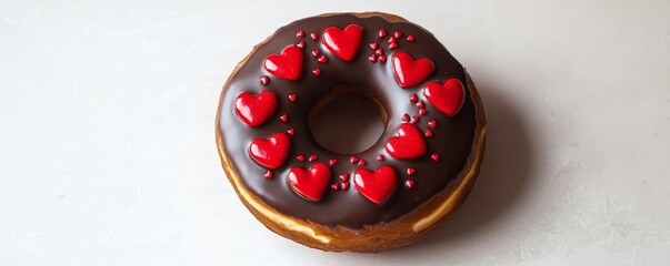 Indulge in decadent chocolate donut adorned with vibrant red heart sprinkles, perfect for celebrations and sweet moments.