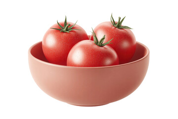 Fresh red tomatoes in a pink bowl on white background, cut out
