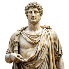 Obraz premium Ancient Roman marble statue of a man draped in toga against black background ancient roman statue