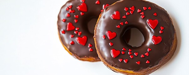 Indulge in decadent chocolate donuts adorned with vibrant red heart sprinkles, perfect for expressing love and sweet celebrations.