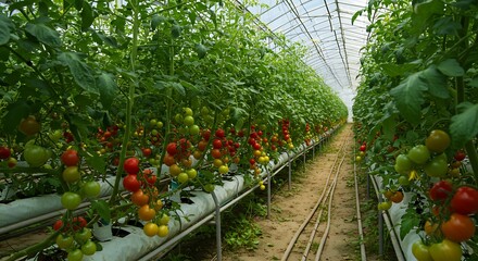 Modern Agriculture – Tomato Plants in Greenhouse with Irrigation Pipes