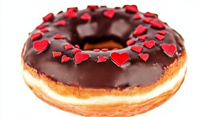 Indulge in a delicious chocolate glazed donut adorned with vibrant red heart sprinkles, perfect for celebrations and sweet treats