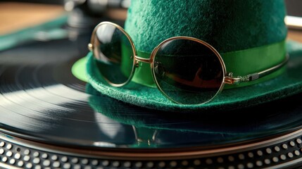st patricks day celebration with festive hat and sunglasses on vinyl record