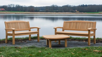 Fototapeta premium Wooden Bench Set Lake View Garden Furniture Outdoor Patio Relaxing