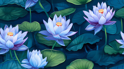 Blue Lotus Flowers with Lily Pads in the Background