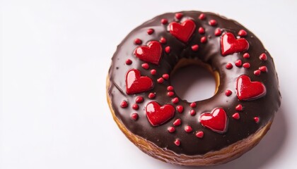 Indulge in delightful chocolate donut adorned with vibrant red heart sprinkles perfect for celebrations and sweet moments