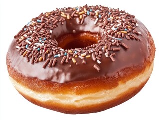 Delicious chocolate frosted donut with colorful sprinkles, a tempting treat for any occasion, perfect for cafe menus or sweet indulgence ads.