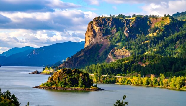 Majestic Columbia River Gorge: Island, Cliffs, and Autumn Foliage