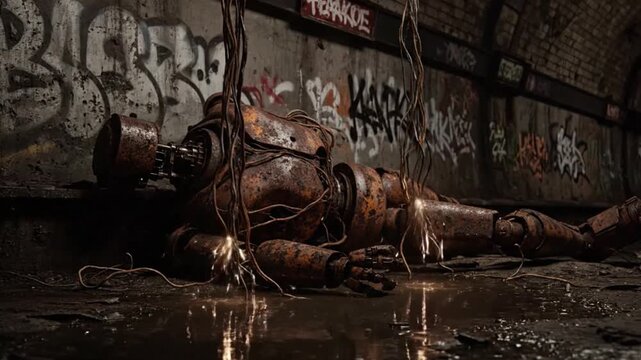 Dynamic scene of broken rusty robot sparking in dark urban tunnel, exploring post-apocalyptic themes with gritty realism