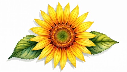 Obraz premium 3D watercolor yellow sunflower with bold outlines. Features vibrant petals and green leaves against a white background. Digital artwork, floral pattern, evokes summer and nature themes.