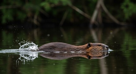 A captivating view of a beaver swimming gracefully in a serene pond