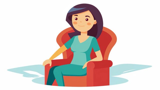 Cheerful woman sitting comfortably in a cozy red armchair at home flat 2d animation
