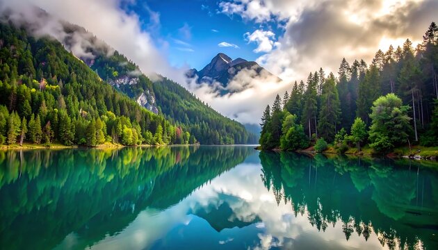 Serene mountain lake at dawn